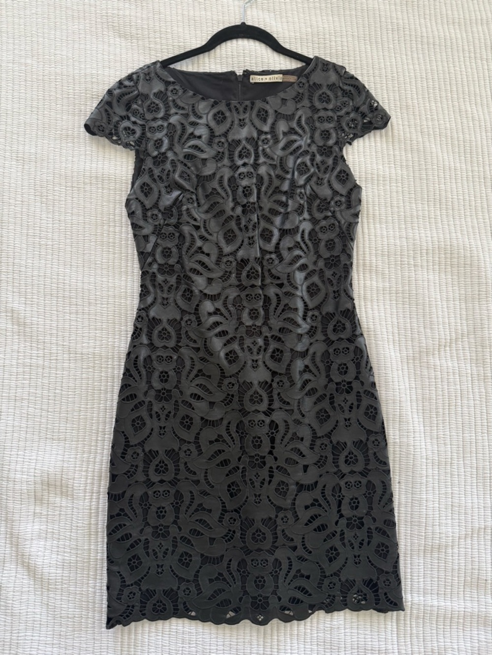 Alice + Olivia Penni Faux Leather Lace Cap-Sleeve Sheath Dress